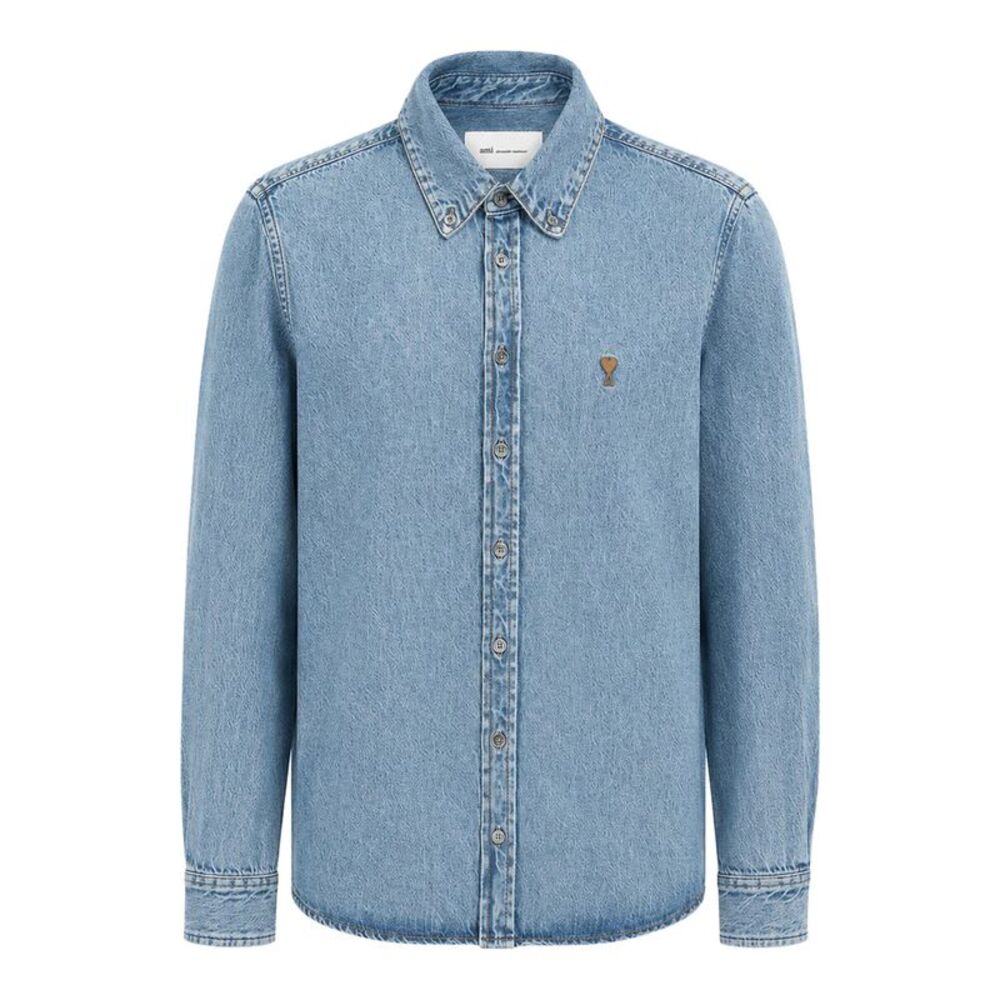 Ami Paris Men Light Denim Button-Down Shirt With Ami De Coeur